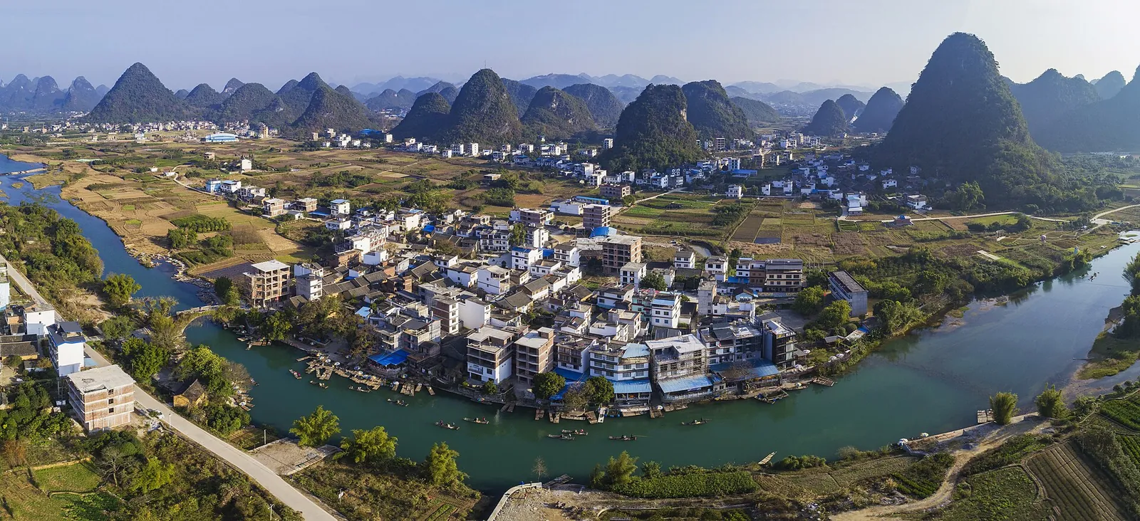 Karst peaks around a river bend near Yangshuo