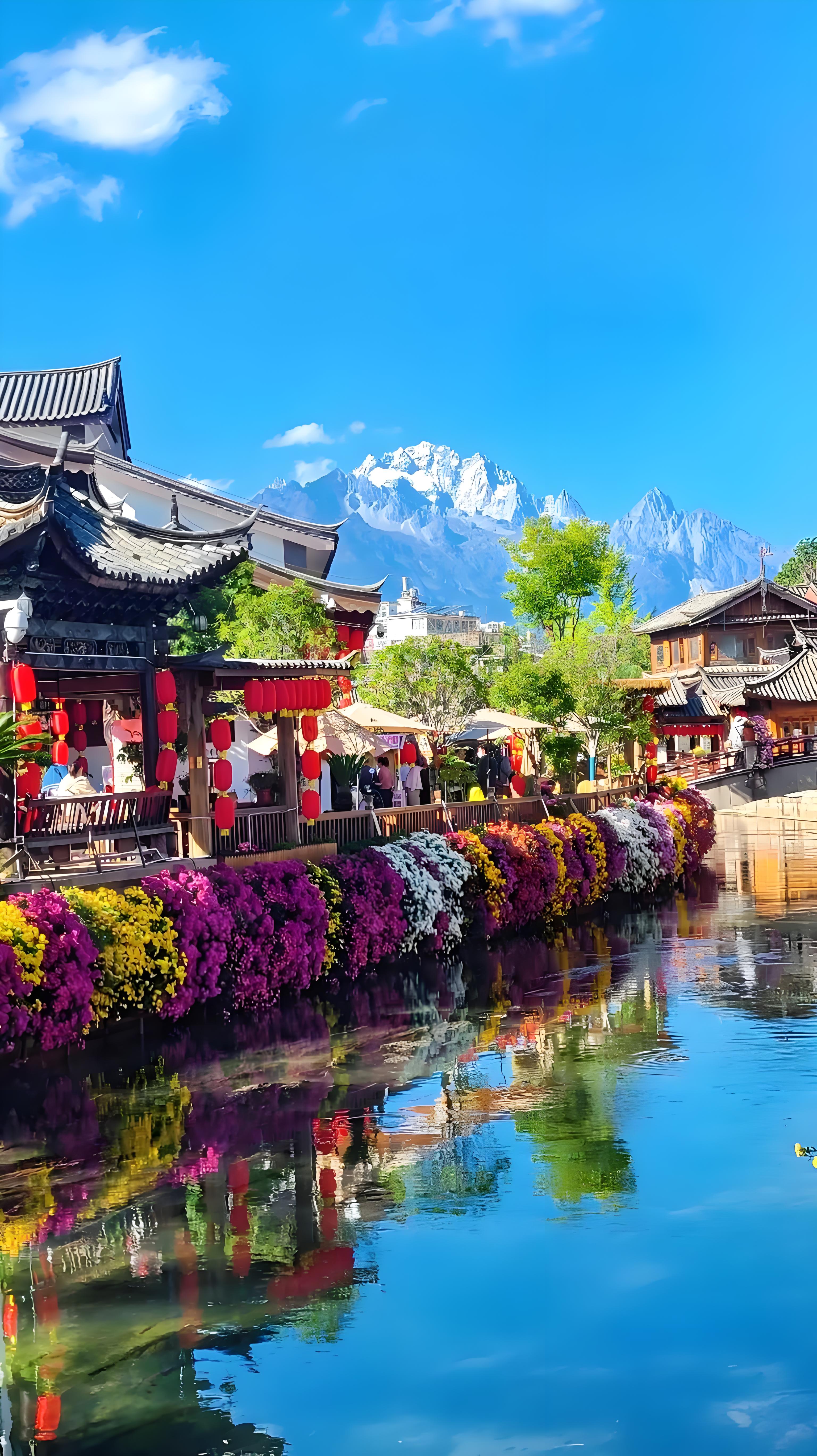 Lijiang Old Town with traditional roofs and mountain views